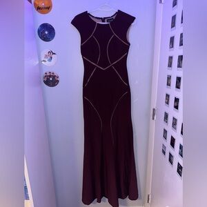 XSCAPE Long Ity Cap Sleeve Illusion Insets Gown - Burgundy